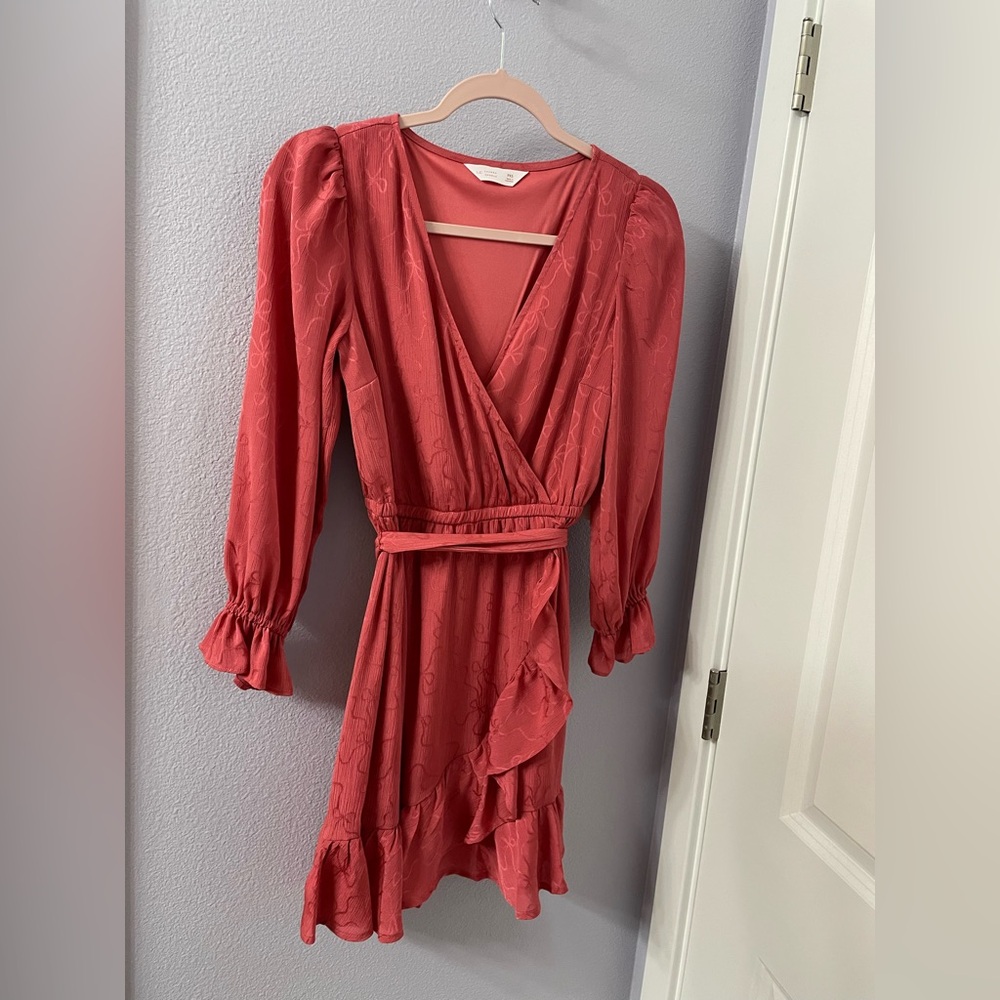 LC Lauren Conrad Coral Wrap Midi Dress with Ruffle Hem